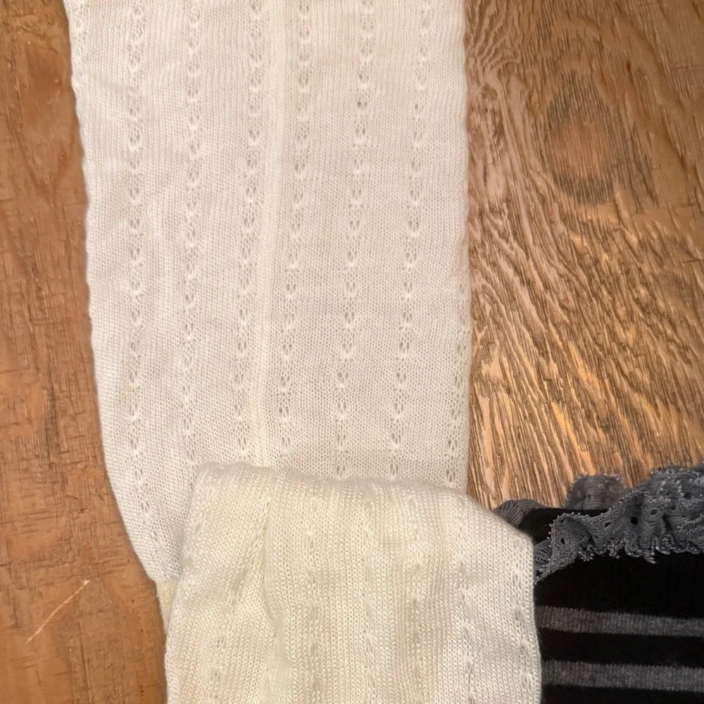 Black and Gray Striped Lace top & Cream Thigh high knit socks 2 pair academia